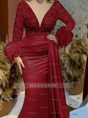 Trumpet/Mermaid V-Neck Satin Mother of the Bride Gown with Feather Glitter and Ruched Long Sleeves