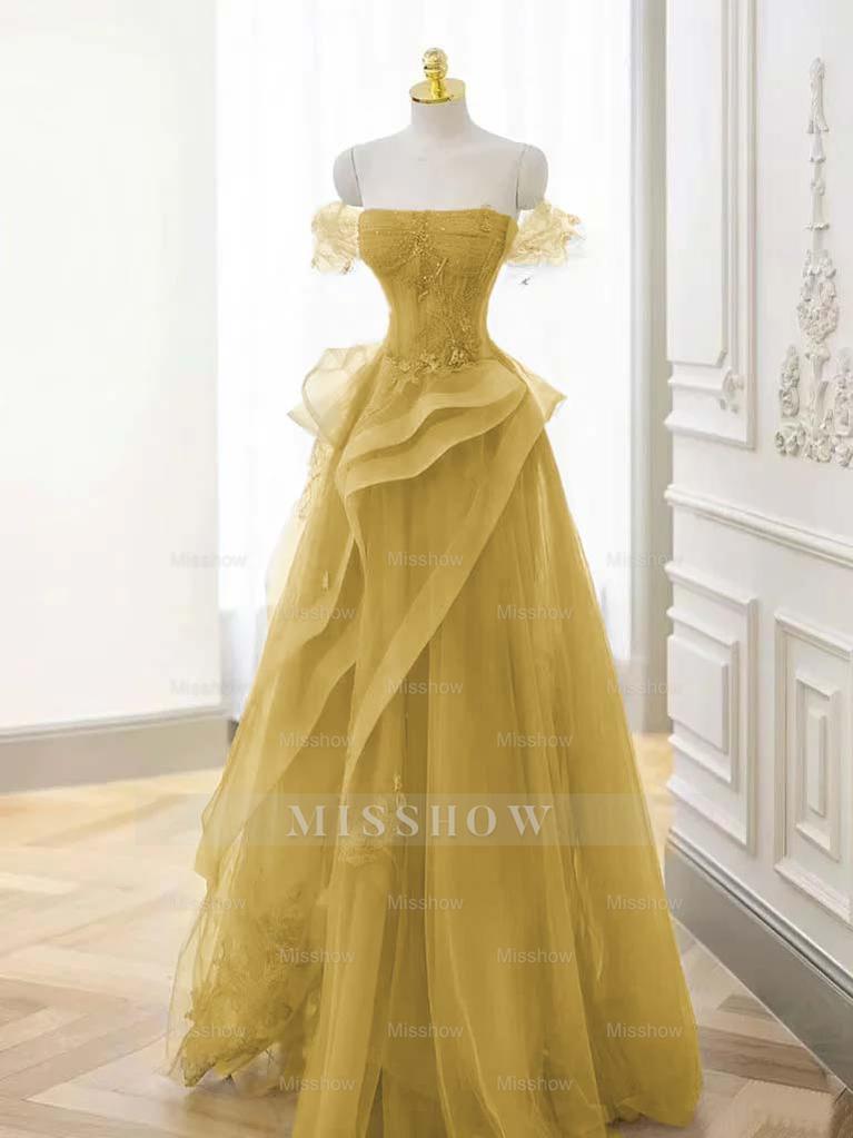Tulle Off the Shoulder Sleeveless Long Formal Dress With Appliques