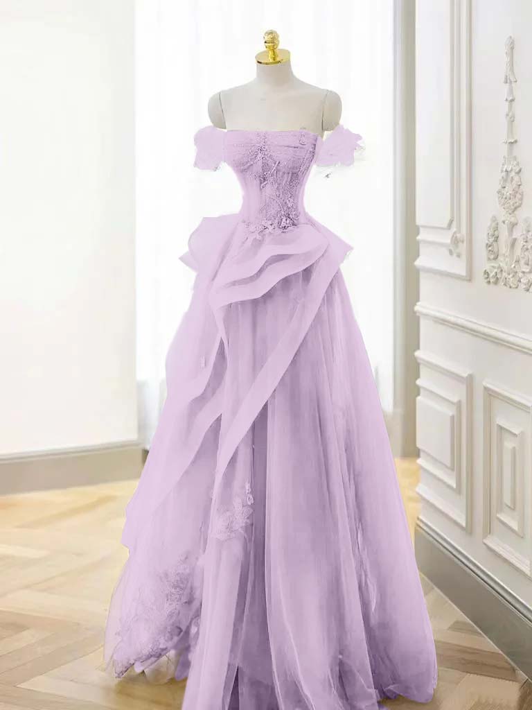 Tulle Off the Shoulder Sleeveless Long Formal Dress With Appliques