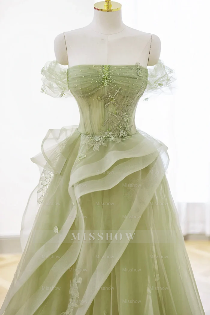 Tulle Off the Shoulder Sleeveless Long Formal Dress With Appliques