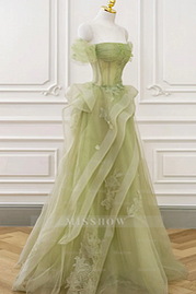 Tulle Off the Shoulder Sleeveless Long Formal Dress With Appliques