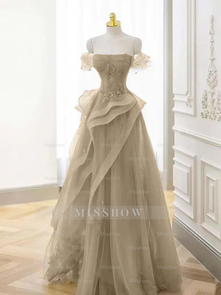 Tulle Off the Shoulder Sleeveless Long Formal Dress With Appliques
