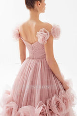 Tulle Off the Shoulder Sleeveless Long Formal Dress With Flower Appliques
