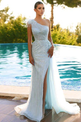 Tulle One Shoulder Sleeveless Long Split Sequins Formal Dress With Feather