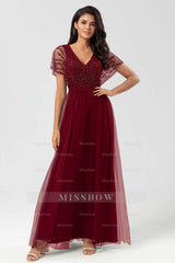 Tulle Short Sleeves V Neck A Line Long Formal Dress With Appliques