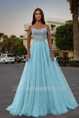 Tulle Spaghetti Strap Sleeveless A Line Long Formal Dress With Sequins Beads