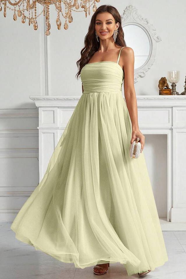 Tulle Spaghetti Strap Sleeveless Long Formal Dress With Pleated
