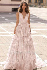 Tulle Straps V Neck Sleeveless Long Formal Dress With Sequin Pleated