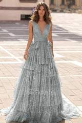Tulle Straps V Neck Sleeveless Long Formal Dress With Sequin Pleated