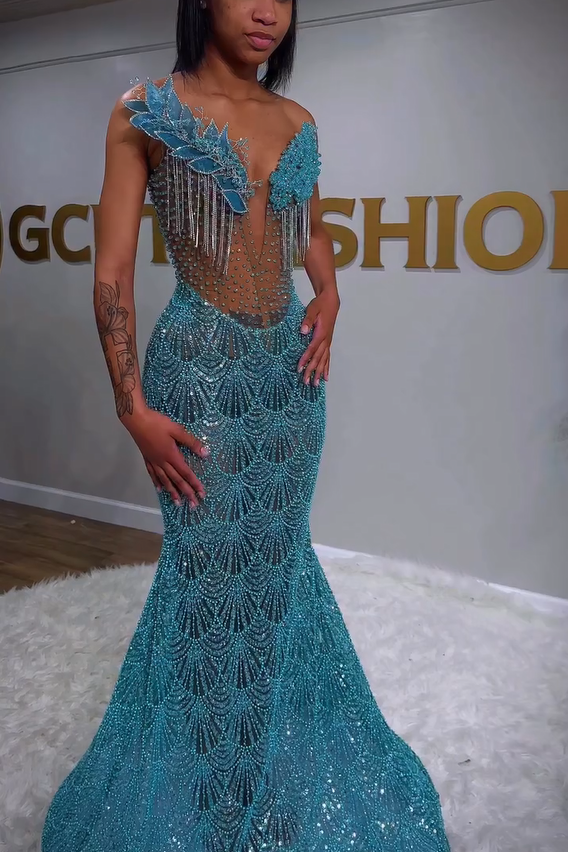 Turquoise Sequin Mermaid Prom Dress with Rhinestone Appliques V-Neck a misshow.com Turquoise Sequin Mermaid Prom Dress with Rhinestone Appliques V-Neck a misshow.com