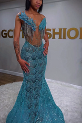 Turquoise Sequin Mermaid Prom Dress with Rhinestone Appliques V-Neck and Lace-Up Back
