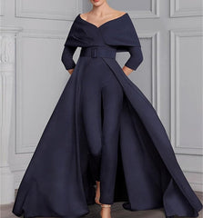 Scoop Long Sleeves Mother Of The Bride Pantsuits With Belt