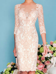 Sheath Column Scoop Long Sleeves Knee Length Mother Of The Bride Dresses With Lace Beading Appliques