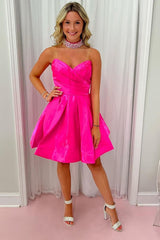 Unique A Line Sweetheart Hot Pink Short Homecoming Dress with Ruched (necklace is not included)