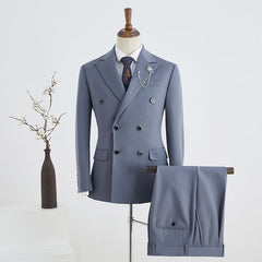 Unique Blue Peak Lapel Double Breasted Tailored Business Suit
