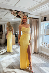 Unique Daffodil Spaghetti Straps Sleeveless Mermaid Prom Dress with Beadings and Slit
