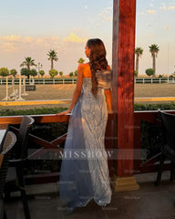 Unique Dusty Blue One Shoulder Sleeveless Mermaid Evening Dress with Sequins and Panel Train