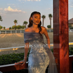 Unique Dusty Blue One Shoulder Sleeveless Mermaid Evening Dress with Sequins and Panel Train