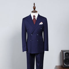 Unique Navy Blue Striped Double Breasted Slim Fit Custom Business Suit