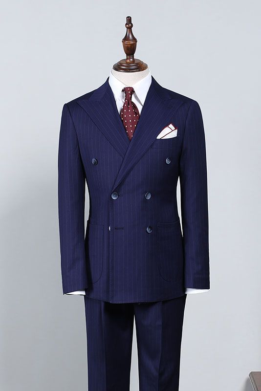 Unique Navy Blue Striped Double Breasted Slim Fit Custom Business Suit