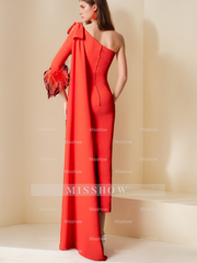 Unique One-Shoulder Tea-Length Mother of the Bride Dress with Watteau Train & Feather