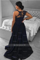 Unique One-shoulder Long-Sleeve A-Line Floor-Length Chiffon Prom Evening Dresses with Appliques