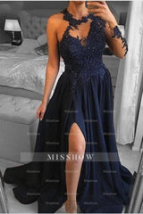 Unique One-shoulder Long-Sleeve A-Line Floor-Length Chiffon Prom Evening Dresses with Appliques