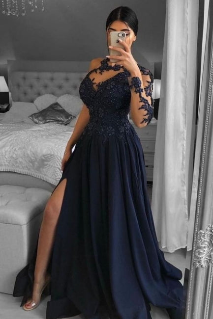 Unique One-shoulder Long-Sleeve A-Line Floor-Length Chiffon Prom Evening Dresses with Appliques