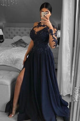 Unique One-shoulder Long-Sleeve A-Line Floor-Length Chiffon Prom Evening Dresses with Appliques