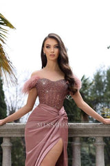 Unique Pink Off The Shoulder Mermaid Stain Prom Evening Dresses with Beadings