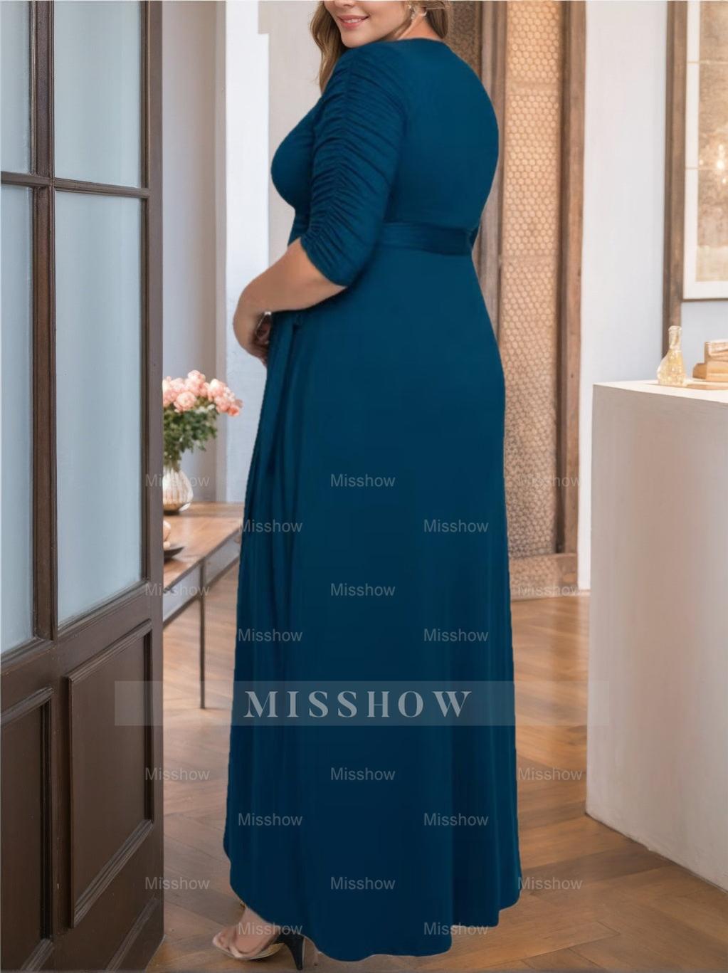 Unique Plus Size V-Neck A-Line Mother of the Bride Dress with Asymmetrical Ruffles and Half Sleeves