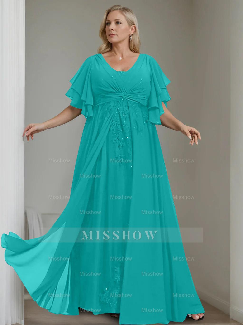 Unique Plus Size V-Neck A-Line Princess Floor-Length Mother of the Bride Dress with Sequins and Half Sleeve Ruffles
