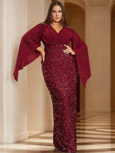 Unique Plus Size V-Neck Floor-Length Mother of the Bride Dress with Flare Sleeves and Sequined Sheath/Column Design