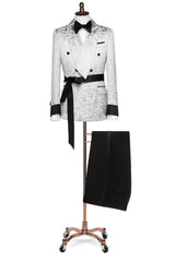 Unique Silver Jacquard Shawl Collar Double-Breasted Wedding Suit