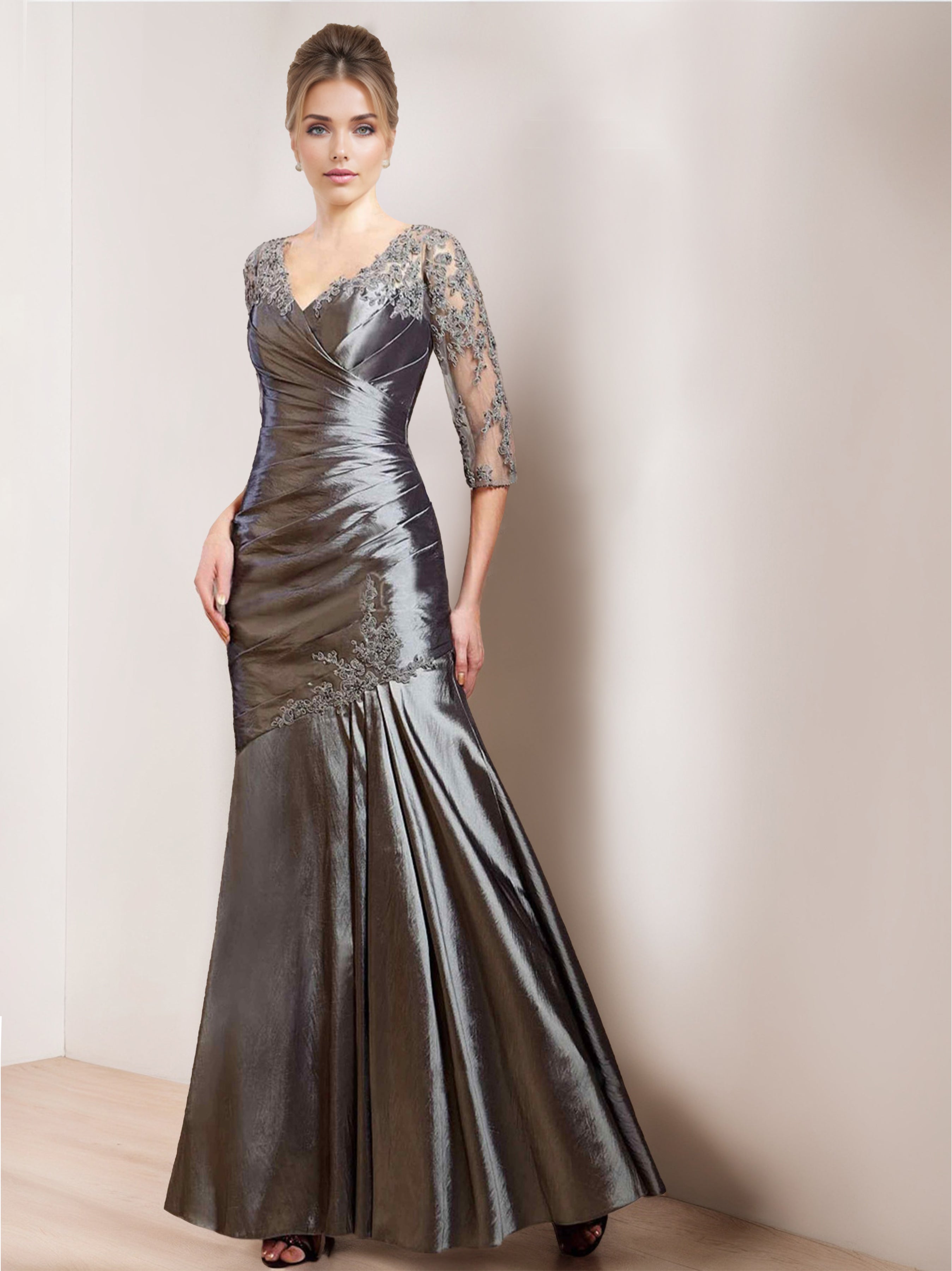 Unique V-Neck Trumpet/Mermaid Mother of the Bride Dress with 3/4 Sleeves Floor-Length Design Appliques & Ruching