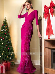V-Neck 3/4 Sleeve Floor-Length Mother of the Bride Sheath Dress with Feathers