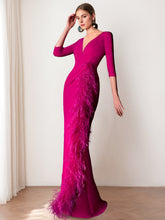 V-Neck 3/4 Sleeve Floor-Length Mother of the Bride Sheath Dress with Feathers