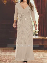 V-Neck 3/4 Sleeve Floor-Length Sequined Mother of the Bride Sheath Dress