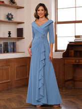 V-Neck 3/4 Sleeve Floor-Length Sheath/Column Mother of the Bride Dress with Ruffles & Appliques