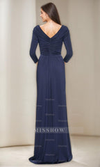 V-Neck 3/4 Sleeve Ruched Sheath Dress with Ruffles for Mothers of the Bride & Groom