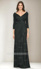 V-Neck 3/4 Sleeve Ruched Sheath Dress with Ruffles for Mothers of the Bride & Groom