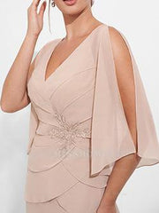 V-Neck 3/4 Sleeve Sheath Dress with Appliques & Ruffles for Mothers of the Bride & Groom