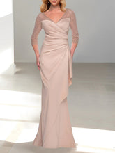 V-Neck 3/4 Sleeve Trumpet/Mermaid Mother of the Bride Dress with Beading