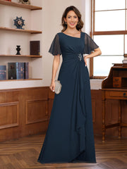V-Neck A-Line Chiffon Dress with Short Sleeves Ruffles & Appliques for the Mother of the Bride or Groom