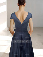 V-Neck A-Line Princess Ankle-Length Mother of the Bride Dress With Short Sleeves Pockets & Ruffles