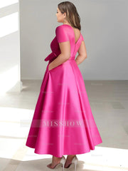 V-Neck A-Line Princess Ankle-Length Mother of the Bride Dress With Short Sleeves Pockets & Ruffles