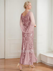 V-Neck A-Line Princess Ankle-Length Mother of the Bride Dress in Solid Color with Lace Half Sleeves