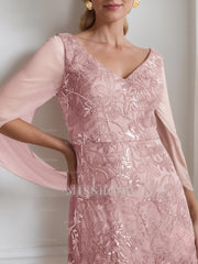 V-Neck A-Line Princess Ankle-Length Mother of the Bride Dress in Solid Color with Lace Half Sleeves