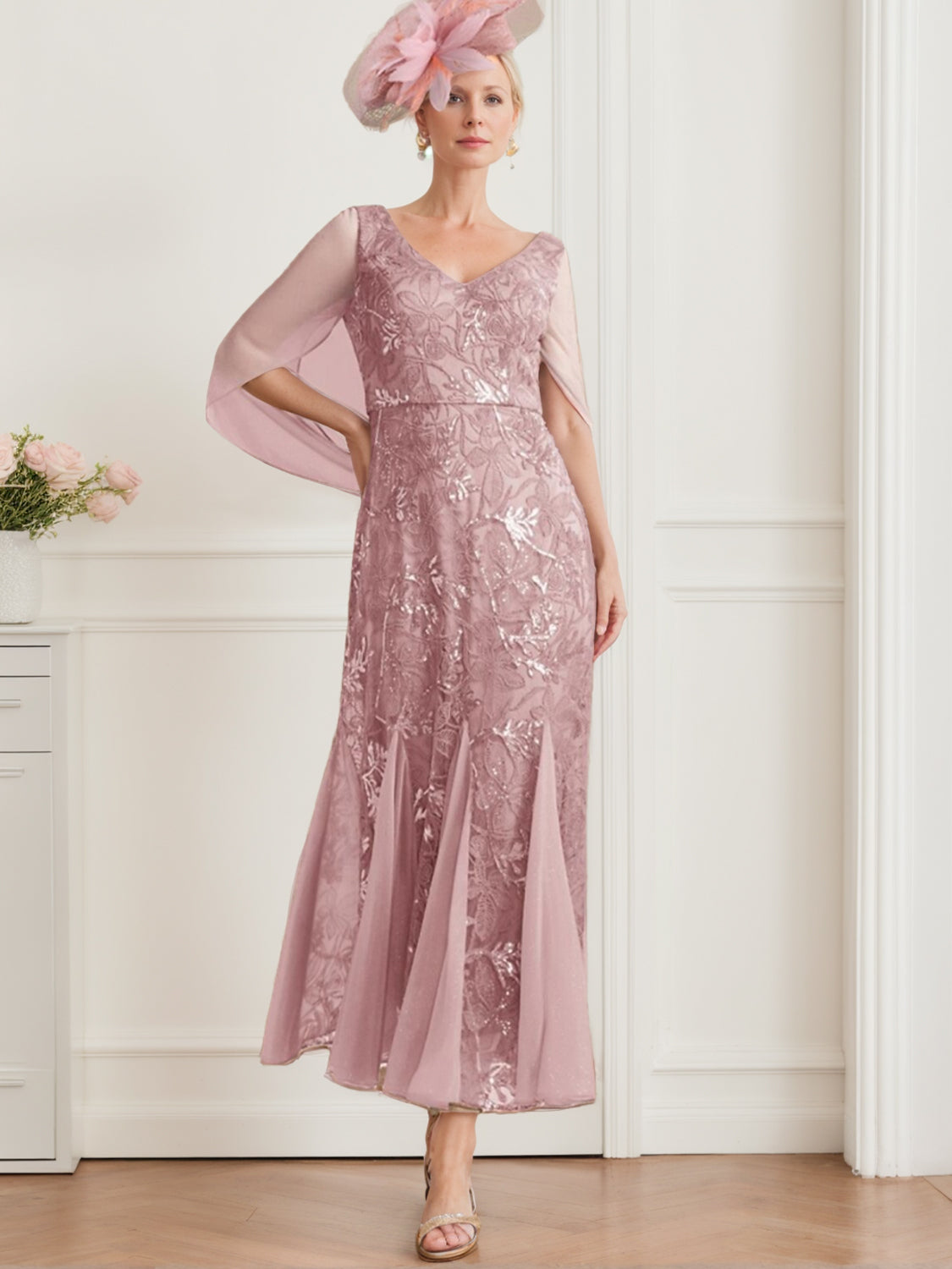 V-Neck A-Line Princess Ankle-Length Mother of the Bride Dress in Solid Color with Lace Half Sleeves