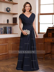 V-Neck A-Line Princess Floor-Length Dresses for Mothers of the Bride & Groom with Ruched Pleats Jewel Appliques & Sequins